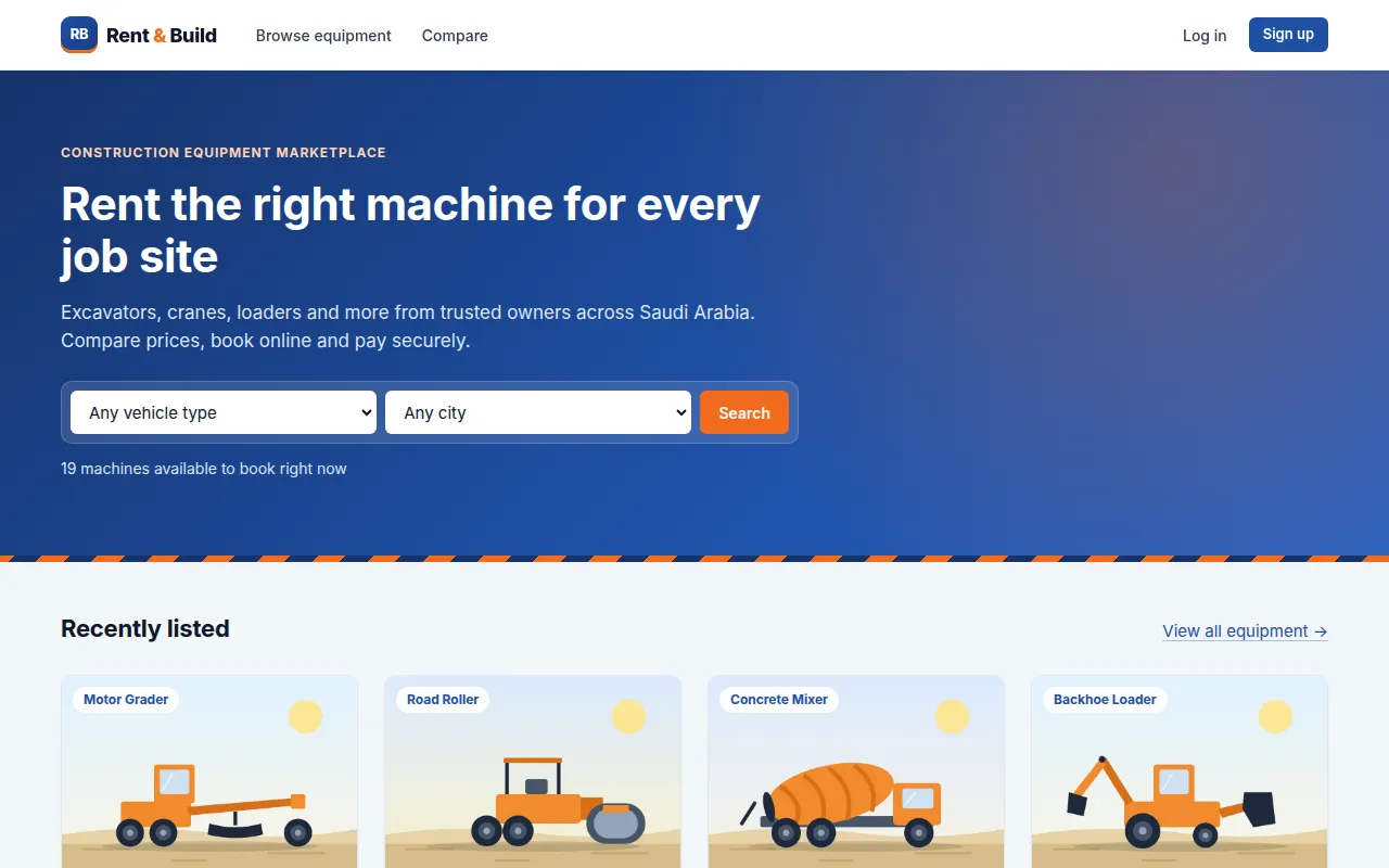 Rent & Build home page with equipment search by type and city, and recently listed machines
