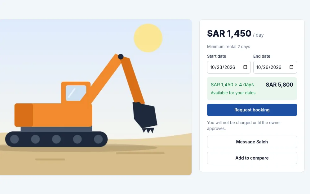 Rent & Build equipment page: an excavator illustration next to the booking card with rental dates, the total price and a Request booking button
